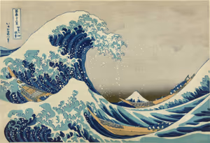 **The Great Wave off Kanagawa**

The Great Wave at Kanagawa. Designed by Hokusai.
Katsushika Hokusai 1826-1833
[Source](https://commons.wikimedia.org/wiki/File:Great_Wave_off_Kanagawa2.jpg)