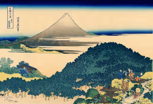 **The Circular Pine Trees of Aoyama**

Woodblock made c. 1930, created in the same way as the original artisans in c. 1830.
Katsushika Hokusai c. 1830
[Source](https://commons.wikimedia.org/wiki/File:The_coast_of_seven_leages_in_Kamakura.jpg)