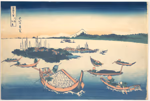 **Tsukudajima in Musashi Province**

Katsushika Hokusai c. 1830-1832
[Source](https://commons.wikimedia.org/wiki/File:%E5%86%A8%E5%B6%BD%E4%B8%89%E5%8D%81%E5%85%AD%E6%99%AF_%E6%AD%A6%E9%99%BD%E4%BD%83%E5%B3%B6-Tsukudajima_in_Musashi_Province_(Buy%C5%8D_Tsukudajima),_from_the_series_Thirty-six_Views_of_Mount_Fuji_(Fugaku_sanj%C5%ABrokkei)_MET_DP141089.jpg)