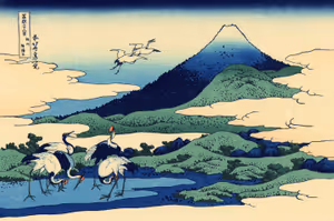 **Umezawa Manor in Sagami Province**

Woodblock made c. 1930, created in the same way as the original artisans in c. 1830.
Katsushika Hokusai c. 1830
[Source](https://commons.wikimedia.org/wiki/File:Umegawa_in_Sagami_province.jpg)