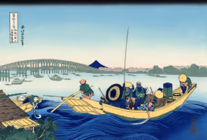 **Sunset across the Ryōgoku bridge from the bank of the Sumida River at Onmayagashi**

Woodblock made c. 1930, created in the same way as the original artisans in c. 1830.
Katsushika Hokusai c. 1830
[Source](https://commons.wikimedia.org/wiki/File:Sunset_across_the_Ryogoku_bridge_from_the_bank_of_the_Sumida_river_at_Onmagayashi.jpg)