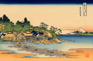 **Enoshima in Sagami Province**

Part of the series Thirty-six Views of Mount Fuji.
Katsushika Hokusai c. 1830
[Source](https://commons.wikimedia.org/wiki/File:Enoshima_in_the_Sagami_province.jpg)