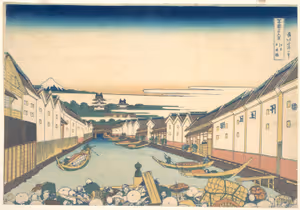 **Nihonbashi in Edo**

Katsushika Hokusai c. 1830-1832
[Source](https://commons.wikimedia.org/wiki/File:%E5%86%A8%E5%B6%BD%E4%B8%89%E5%8D%81%E5%85%AD%E6%99%AF_%E6%B1%9F%E6%88%B8%E6%97%A5%E6%9C%AC%E6%A9%8B-Nihonbashi_in_Edo_(Edo_Nihonbashi),_from_the_series_Thirty-six_Views_of_Mount_Fuji_(Fugaku_sanj%C5%ABrokkei)_MET_DP141003.jpg)