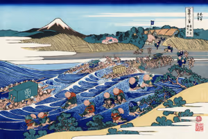**The Fuji seen from Kanaya on the Tokaido**

Facsimile, Woodblock made c. 1930, created in the same way as the original artisans in c. 1830.
Katsushika Hokusai c. 1830
[Source](https://commons.wikimedia.org/wiki/File:The_Fuji_from_Kanaya_on_the_Tokaido.jpg)